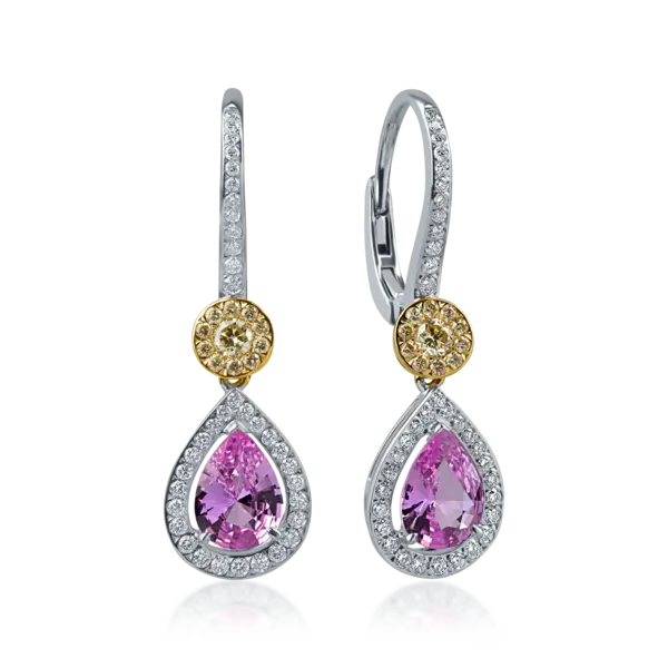 Cercei din aur alb cu safire roz pear si diamante de 1.8ct