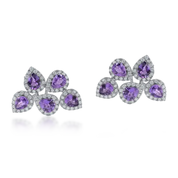 Cercei din aur alb cu safire violet pear si diamante round de 3.9ct