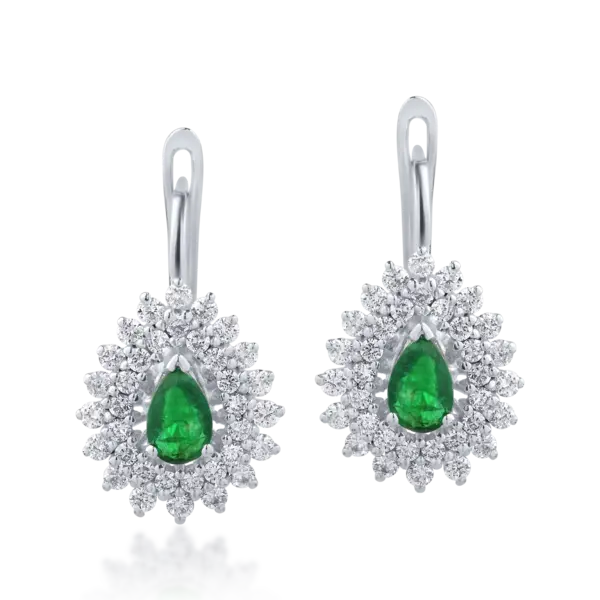 Cercei din aur alb cu smaralde pear de 0.5ct si diamante de 0.9ct