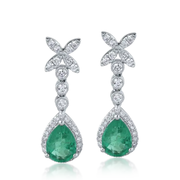 Cercei din aur alb cu smaralde pear de 2ct si diamante round de 0.6ct