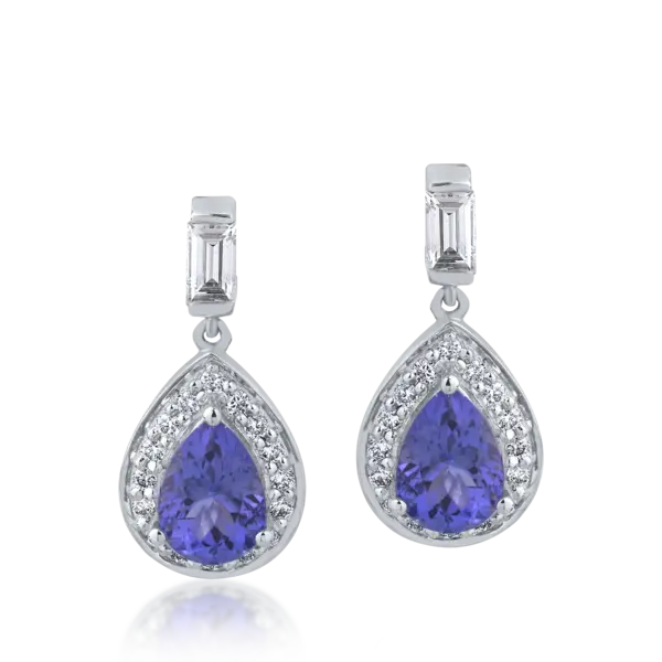 Cercei din aur alb cu tanzanite ovale de 1.592ct si diamante baguette si rotunde de 0.413ct