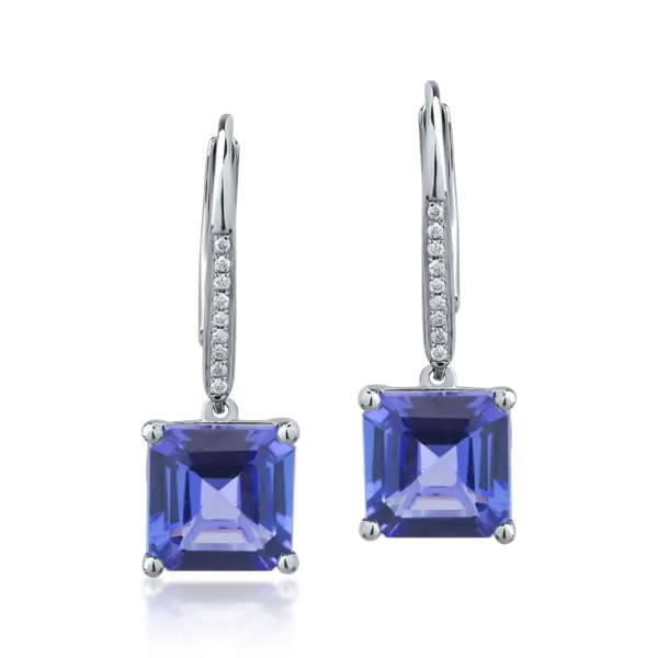 Cercei din aur alb cu tanzanite square de 5.87ct si diamante round de 0.07ct