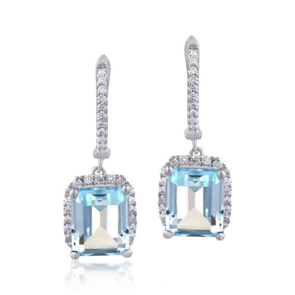 Cercei din aur alb cu topaze albastre emerald de 8.54ct si diamante de 0.49ct