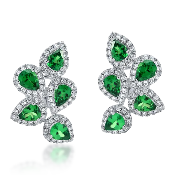 Cercei din aur alb cu tsavorite verzi pear de 1.4ct si diamante de 0.4ct