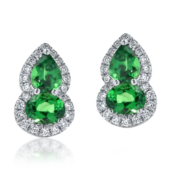 Cercei din aur alb cu tzavorite verzi ovale si pear si diamante de 1.8ct
