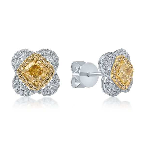 Cercei din aur alb-galben cu diamante cushion marquise si round de 1.9ct