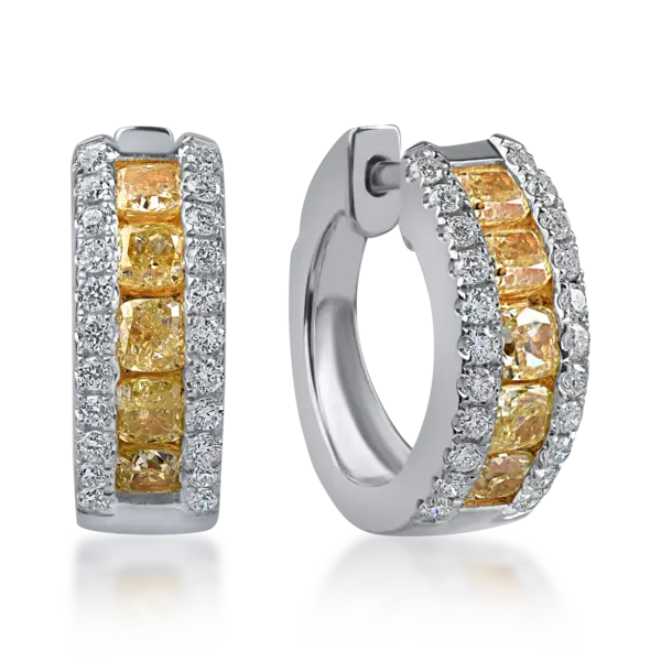 Cercei din aur alb-galben cu diamante galbene baguette si incolore rotunde de 1.6ct