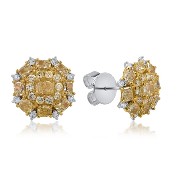 Cercei din aur alb-galben cu diamante galbene cushion de 4ct si diamante incolore round de 0.34ct