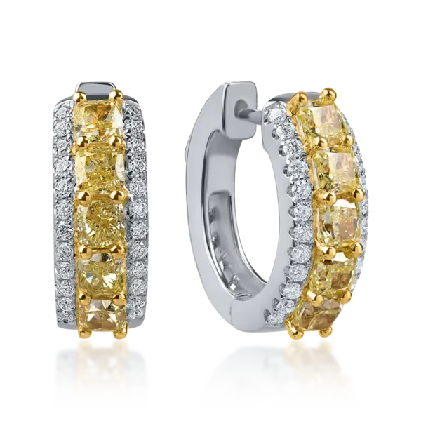 Cercei din aur alb-galben cu diamante galbene cushion si incolore de 2.2ct