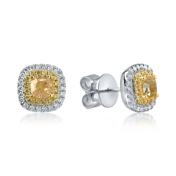 Cercei din aur alb-galben cu diamante galbene cushion si rotunde si diamante incolore de 1.61ct