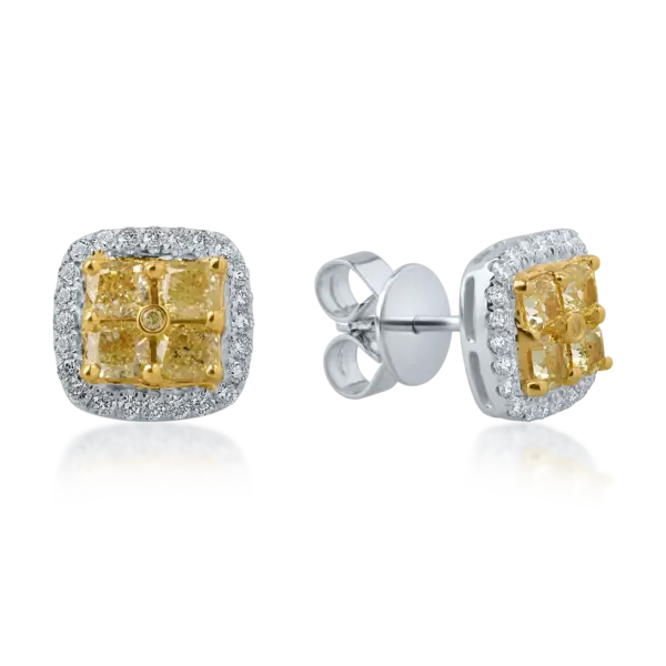 Cercei din aur alb-galben cu diamante galbene cushion si round si diamante incolore de 2.4ct