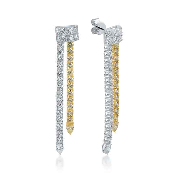 Cercei din aur alb-galben cu diamante galbene si incolore pear si rotunde de 8.23ct