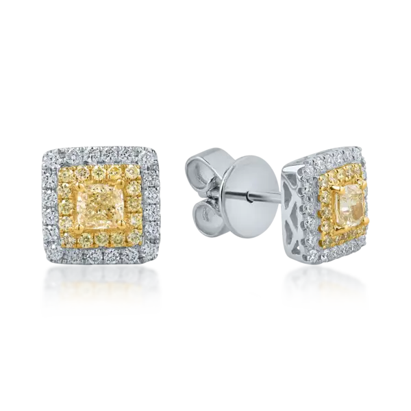 Cercei din aur alb-galben cu diamante roz rectangulare si rotunde si diamante incolore de 1.26ct