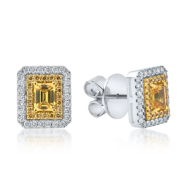 Cercei din aur alb-galben cu safire galbene octogonale de 0.77ct si diamante de 0.42ct