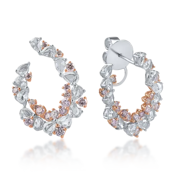 Cercei din aur alb-roz cu diamante incolore taietura rose de 1.49ct si diamante roz rotunde de 0.94ct