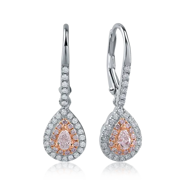Cercei din aur alb-roz cu diamante roz pear si rotunde de 0.38ct si diamante incolore de 0.31ct