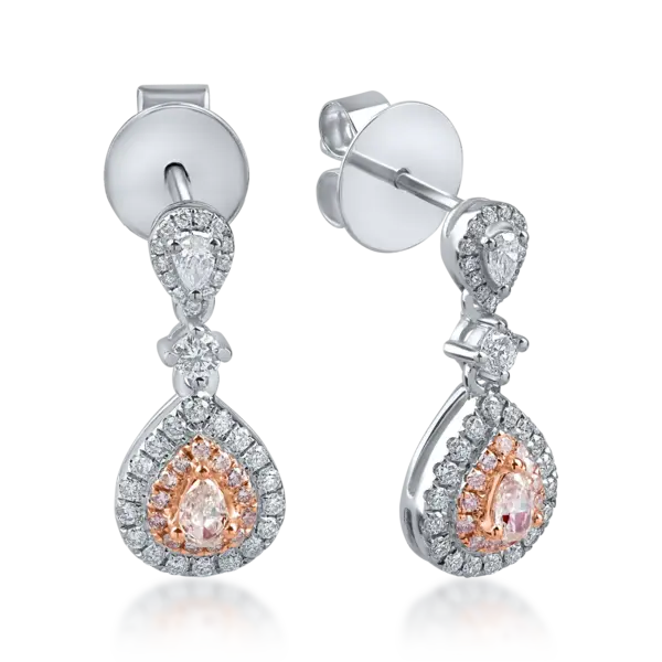 Cercei din aur alb-roz cu diamante roz si incolore pear si rotunde de 0.9ct