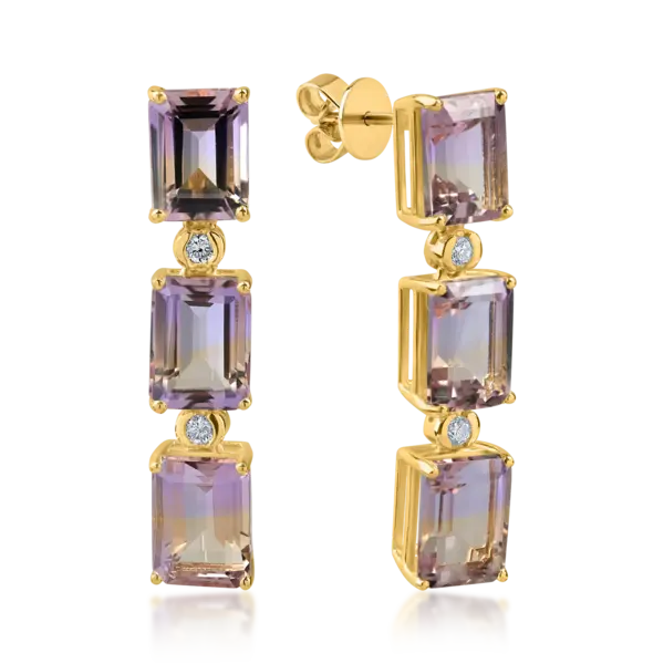 Cercei din aur galben cu ametrine octogonale de 9.3ct si diamante de 0.1ct