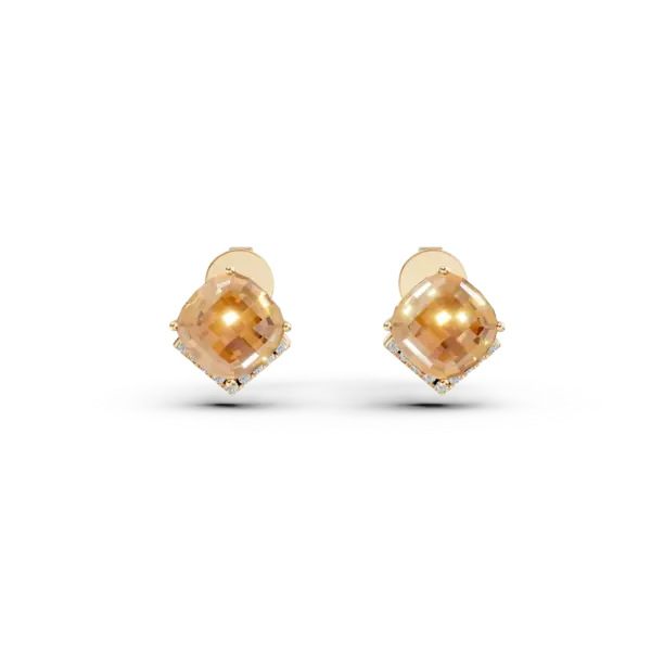 Cercei din aur galben cu citrine cushion de 4.3ct si diamante de 0.1ct