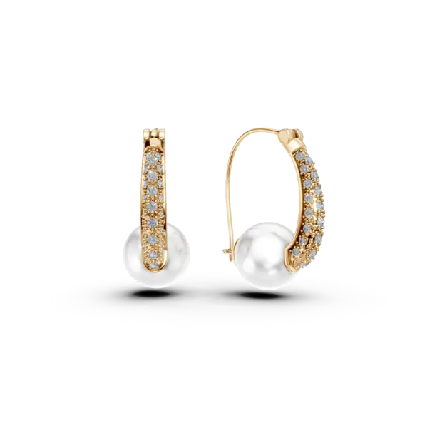 Cercei din aur galben cu perle de cultura si diamante de 0.19ct