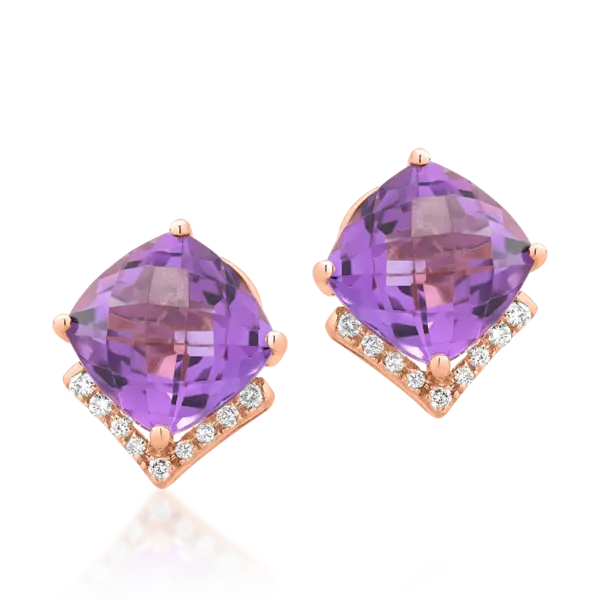 Cercei din aur roz cu ametiste cushion de 4.5ct si diamante de 0.1ct