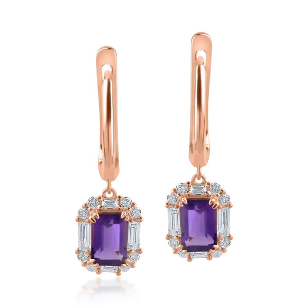 Cercei din aur roz cu ametiste de 1.09ct si diamante baguette si rotunde de 0.38ct