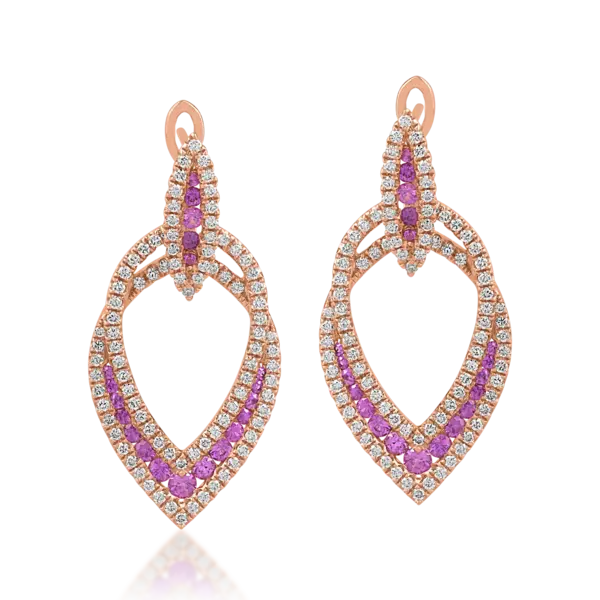 Cercei din aur roz cu diamante de 1.14ct si safire roz de 1.09ct