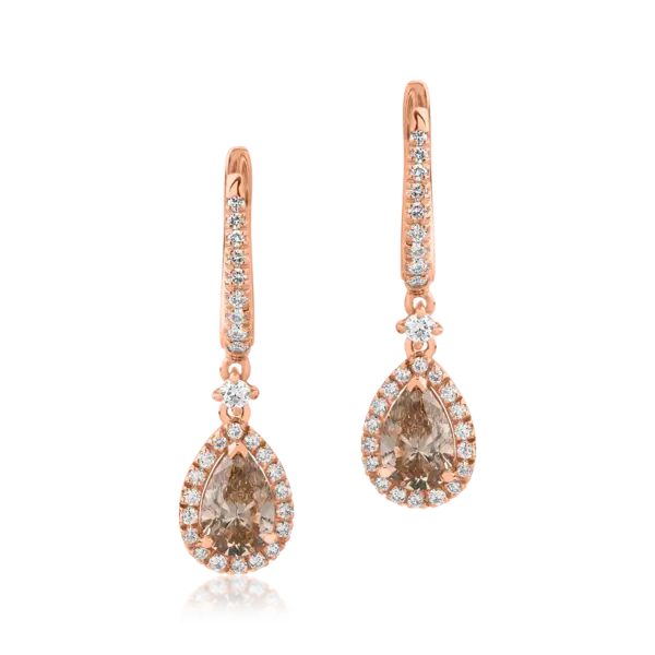 Cercei din aur roz cu diamante maro pear de 1.15ct si diamante round de 0.42ct