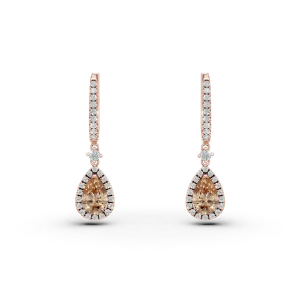 Cercei din aur roz cu diamante maro pear de 1.39ct si diamante incolore round de 0.44ct