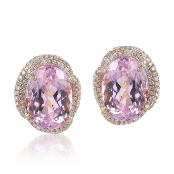 Cercei din aur roz cu kunzite ovale de 16.24ct si diamante round de 1.75ct