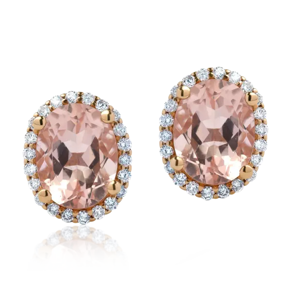 Cercei din aur roz cu morganite ovale de 3.5ct si diamante de 0.34ct