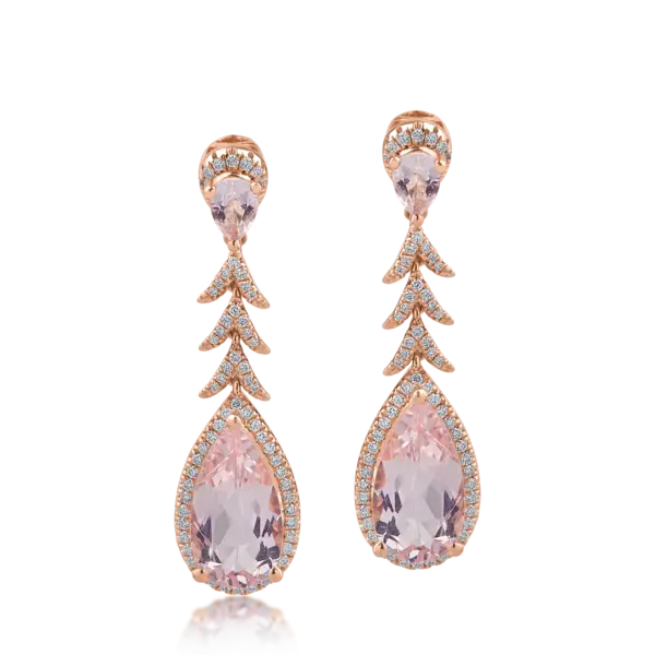 Cercei din aur roz cu morganite pear de 7.75ct si diamante de 0.66ct