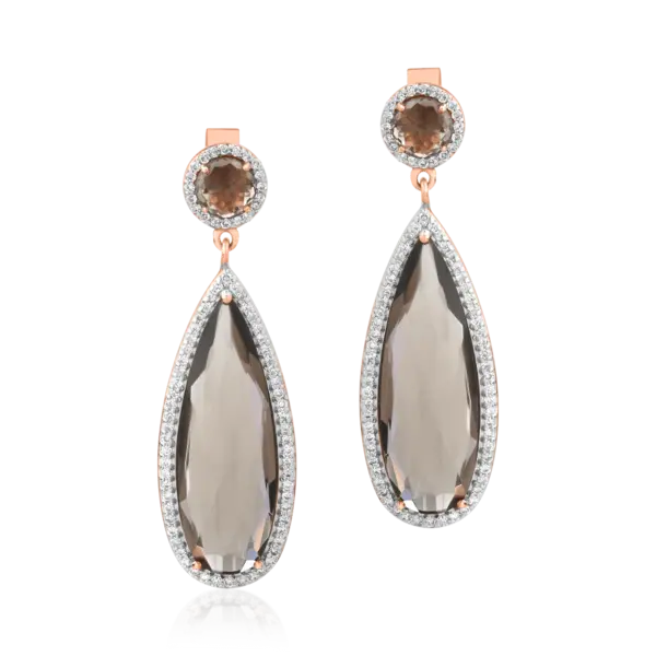 Cercei din aur roz cu quartz fumurii de 12.38ct si diamante de 0.585ct