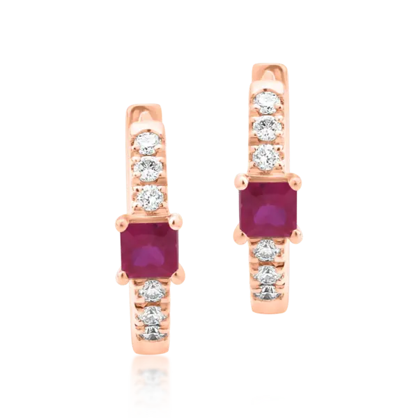 Cercei din aur roz cu rubine princess de 0.15ct si diamante de 0.06ct
