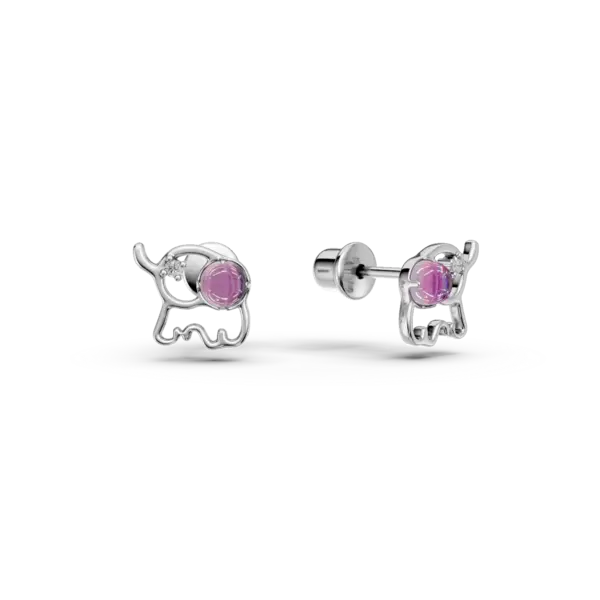 Cercei elefant din aur alb cu diamante si ametiste de 0.1ct pentru copii