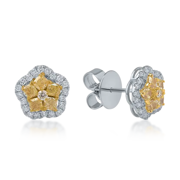 Cercei floare din aur alb-galben cu diamante galbene si incolore de 1.5ct
