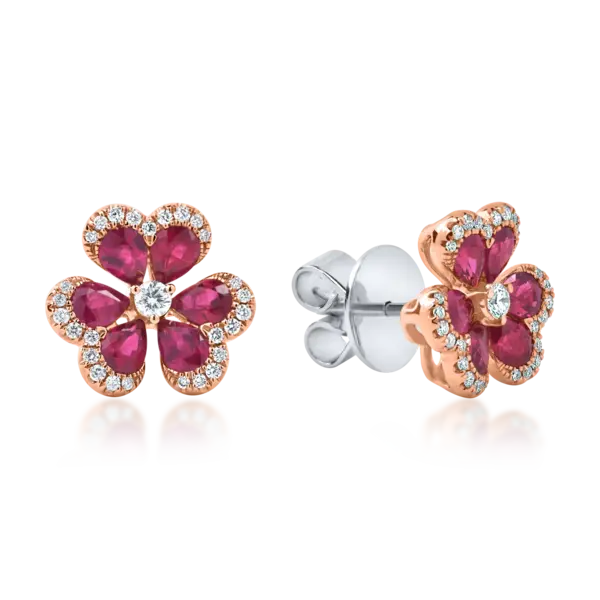 Cercei floare din aur alb-roz cu rubine pear si diamante de 2.5ct