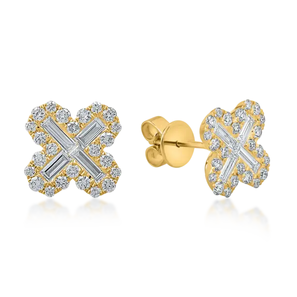 Cercei floare din aur galben cu diamante baguette si rotunde de 1.0ct