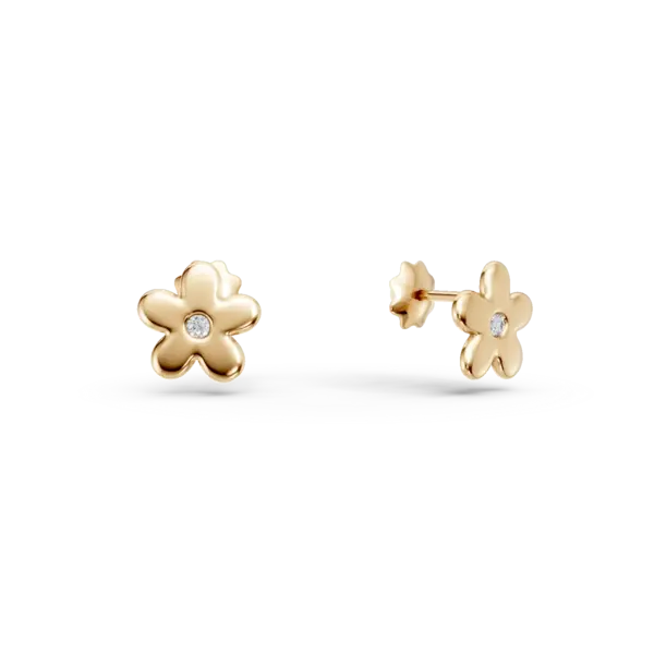 Cercei floare din aur galben pentru copii cu diamante de 0.01ct