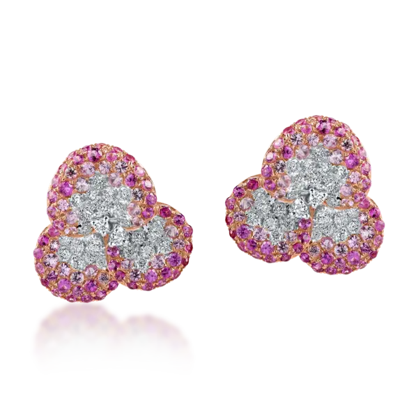 Cercei floare din aur roz cu diamante si safire roz de 2.4ct