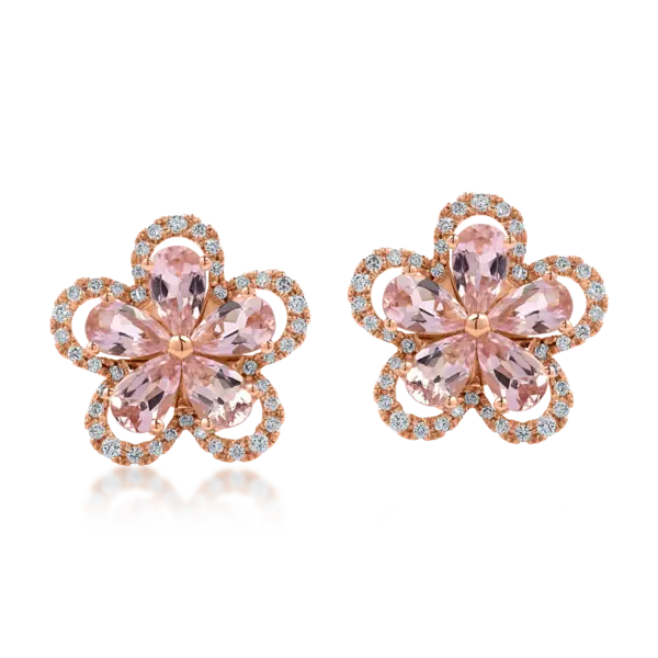 Cercei floare din aur roz cu turmaline roz pear de 2.1ct si diamante de 0.31ct