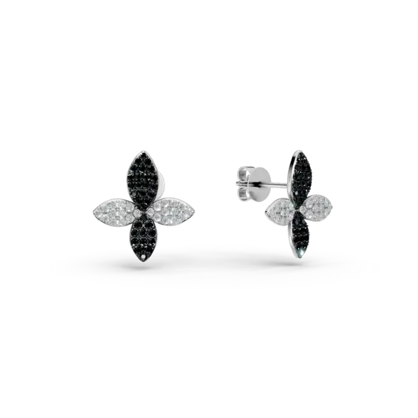 Cercei florali din aur alb cu diamante negre si incolore de 1.02ct