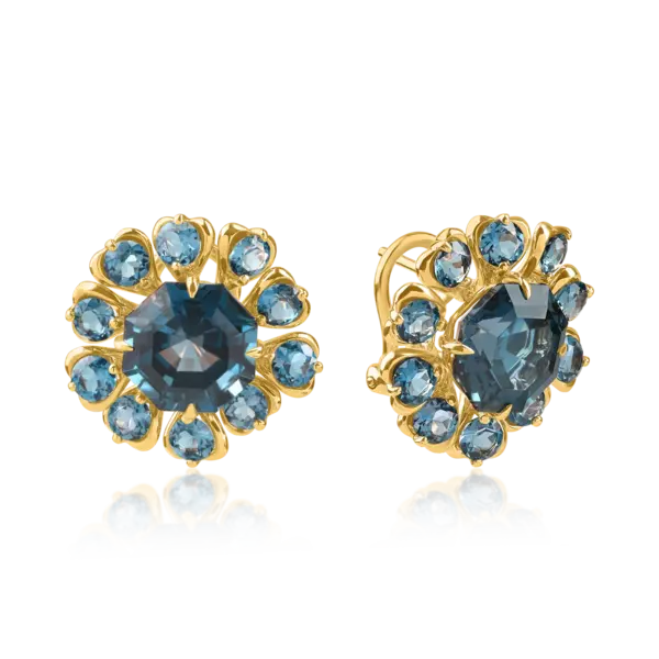 Cercei florali din aur galben cu topaze london blue octogonale si rotunde de 13.6ct
