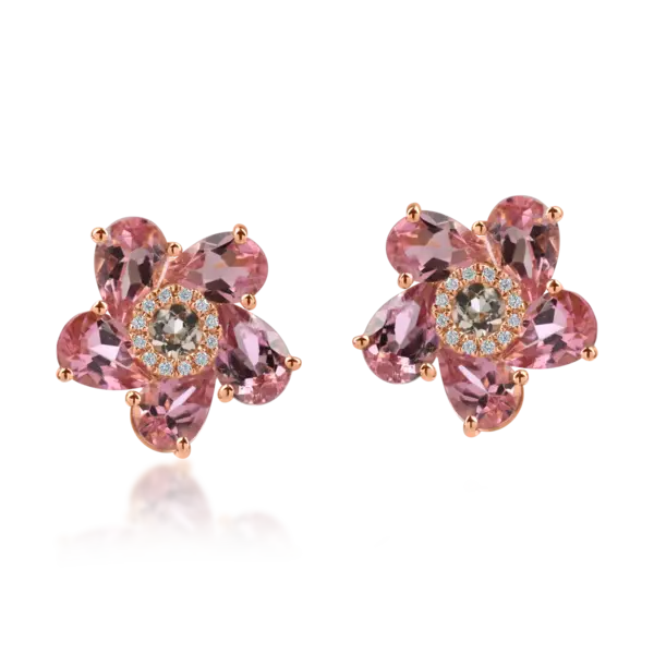 Cercei florali din aur roz cu pietre pretioase si semipretioase de 4.6ct