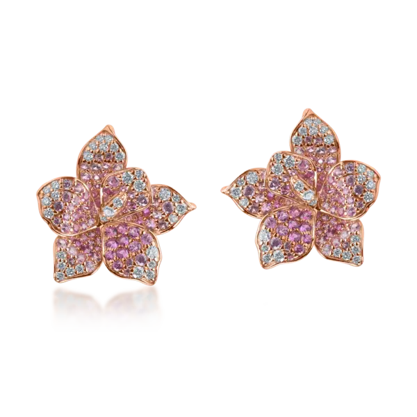 Cercei florali din aur roz cu safire roz de 1.33ct si diamante de 0.33ct