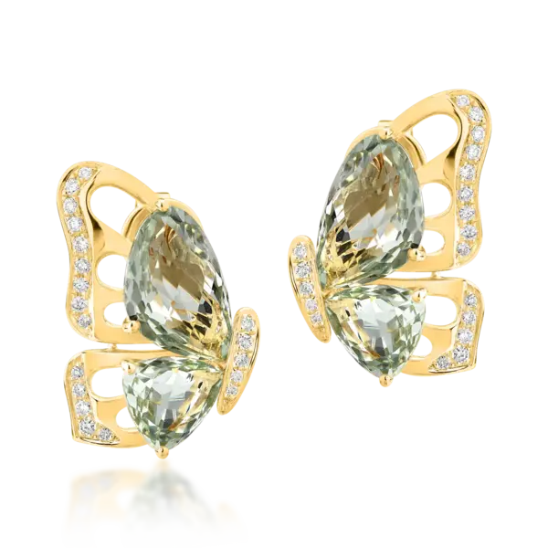 Cercei fluture din aur galben cu ametiste verzi de 7.7ct si diamante de 0.28ct