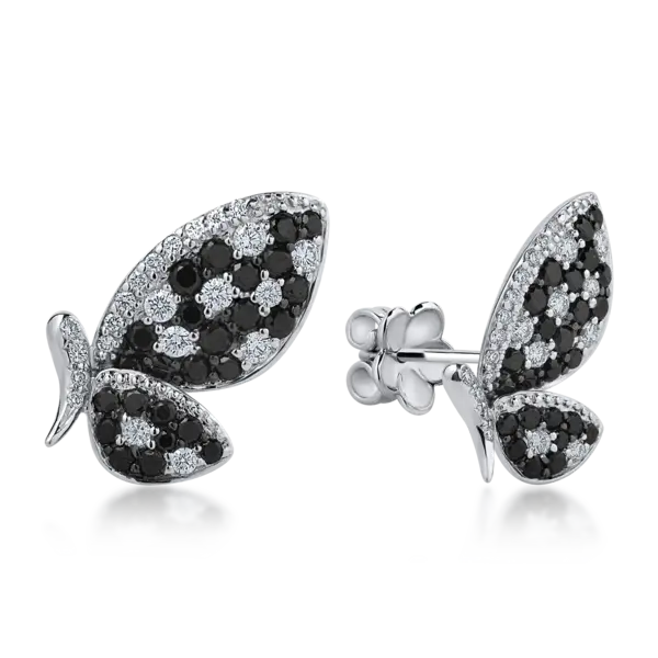 Cercei fluturi din aur alb cu diamante negre de 0.68ct si diamante transparente de 0.32ct