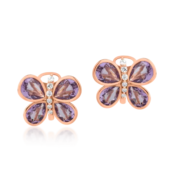 Cercei fluturi din aur roz cu ametiste pear de 7.93ct si diamante de 0.296ct