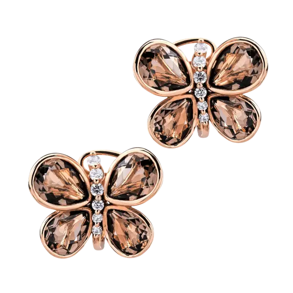 Cercei fluturi din aur roz cu quartz fumuriu pear de 7.865ct si diamante de 0.296ct