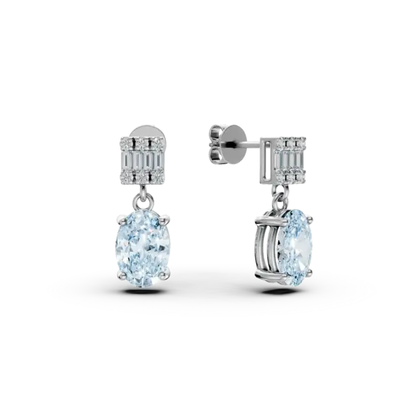 Cercei geometrici din aur alb cu acvamarine ovale de 1.3ct si diamante de 0.1ct